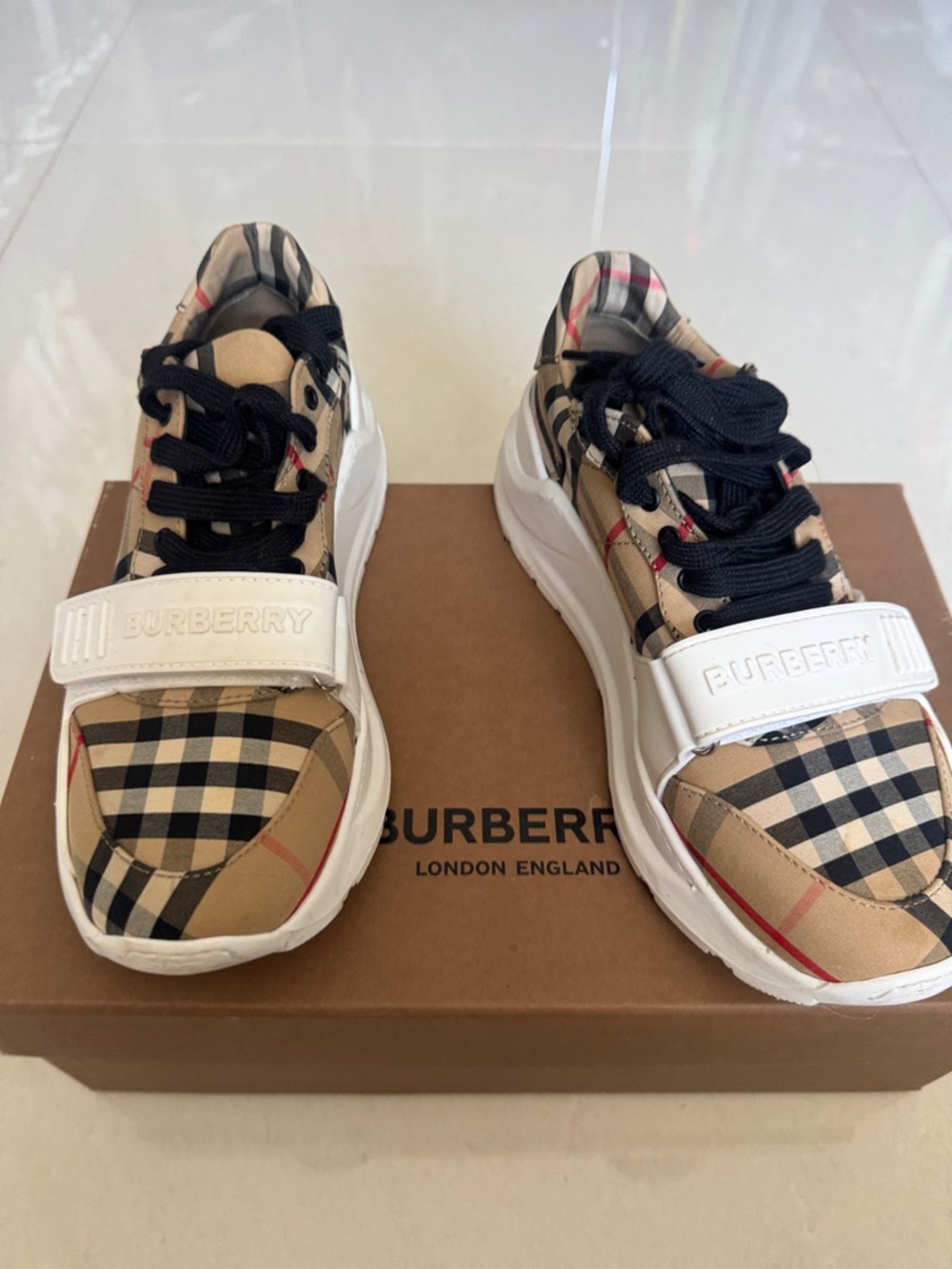 Burberry Kids Beige Check Low-Top Sneakers with Black Laces